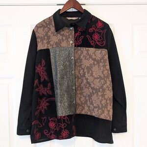 Size 18W 90s Vintage Tanjay Patchwork Floral Embroidered Boho Collared Shirt
